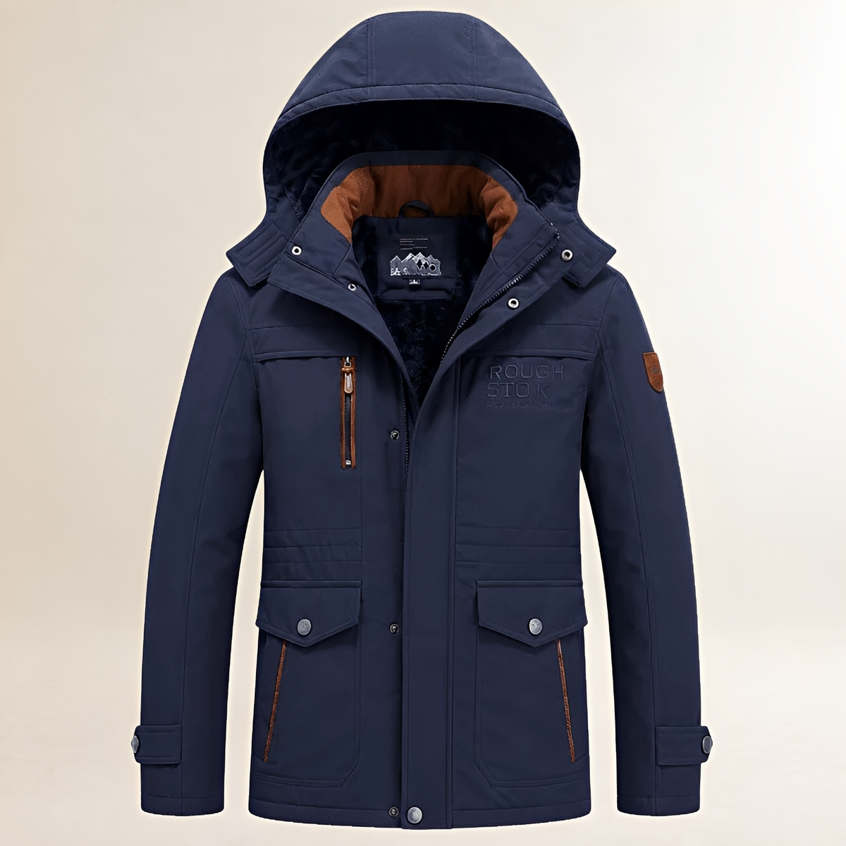 Men's Hooded Parka with Detachable Hood, Zip-and-Snap Front, Multiple Pockets, Lined, Embroidered Chest Detail