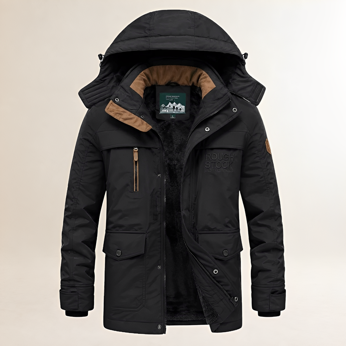 Men's Hooded Parka with Detachable Hood, Zip-and-Snap Front, Multiple Pockets, Lined, Embroidered Chest Detail