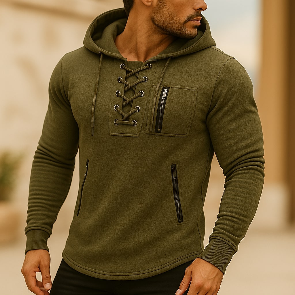 Men's Hooded Sweatshirt with Lace-Up Front and Zip Pockets - Regular Fit