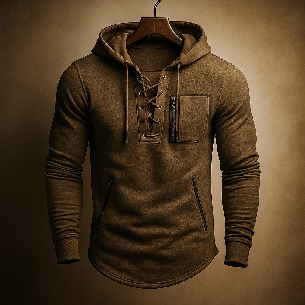 Men's Hooded Sweatshirt with Lace-Up Front and Zip Pockets - Regular Fit