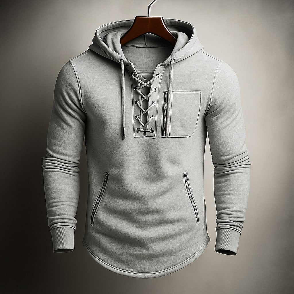 Men's Hooded Sweatshirt with Lace-Up Front and Zip Pockets - Regular Fit
