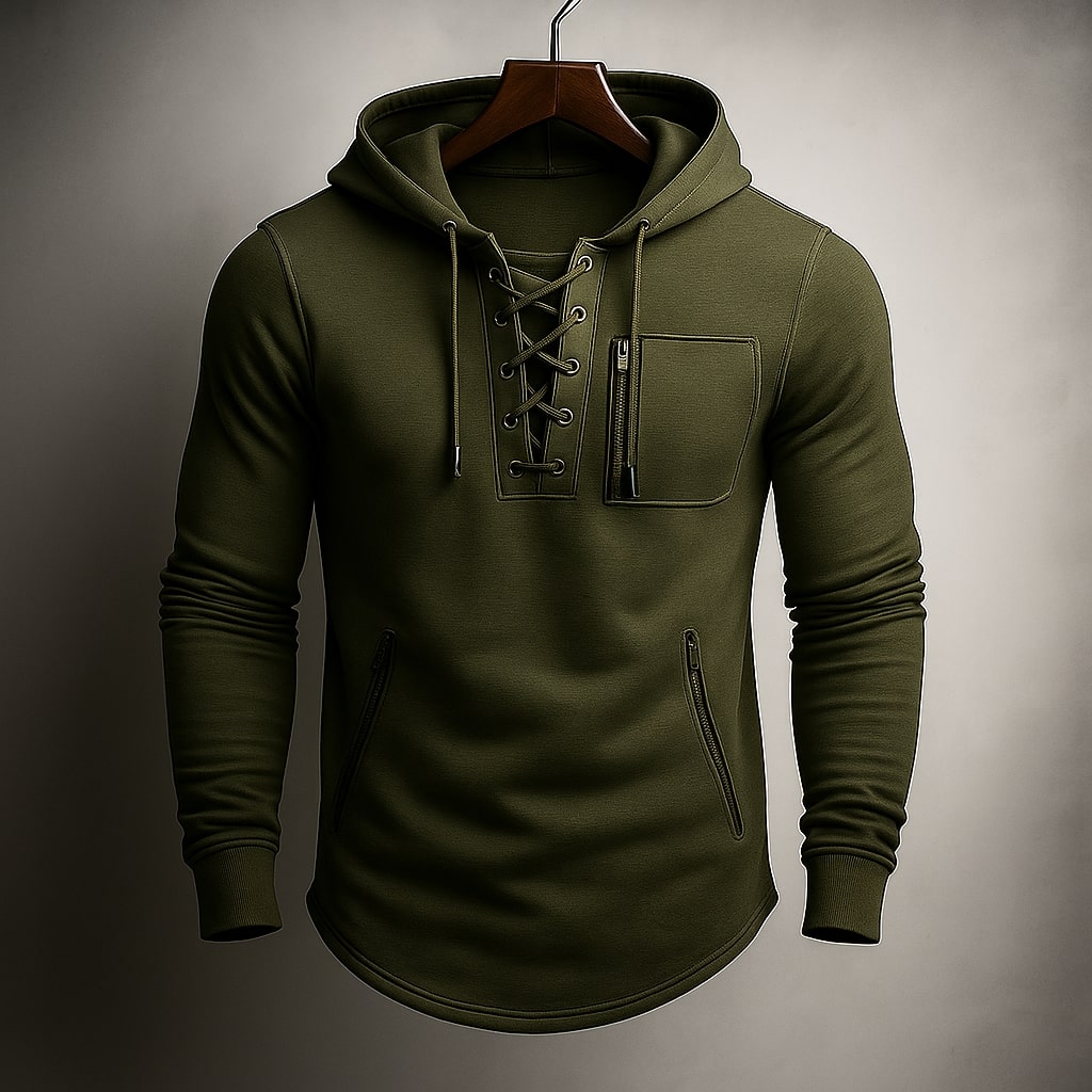 Men's Hooded Sweatshirt with Lace-Up Front and Zip Pockets - Regular Fit