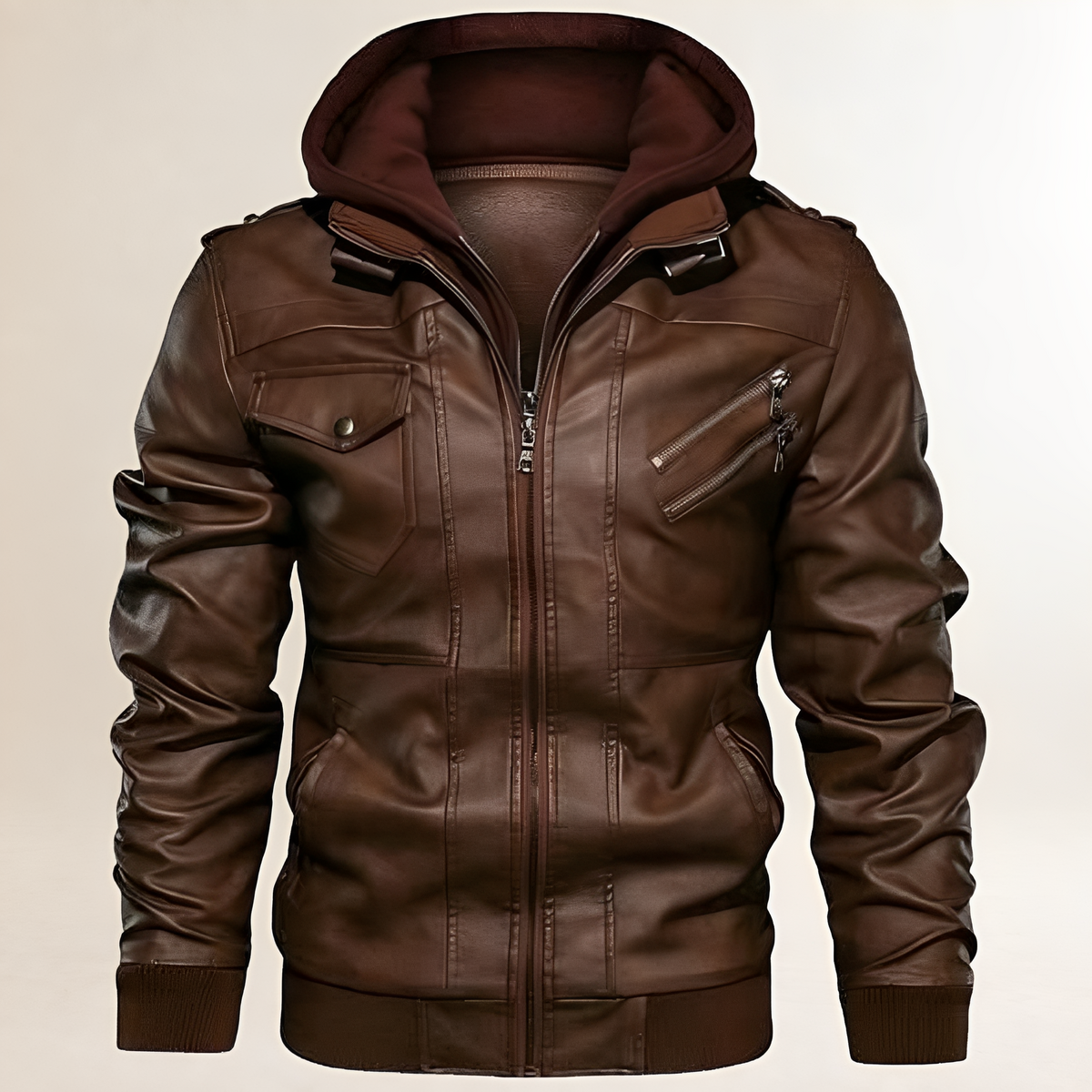 Men's Hooded Zip-Front Jacket with Quilted Shoulder Panels, Epaulettes & Ribbed Hem