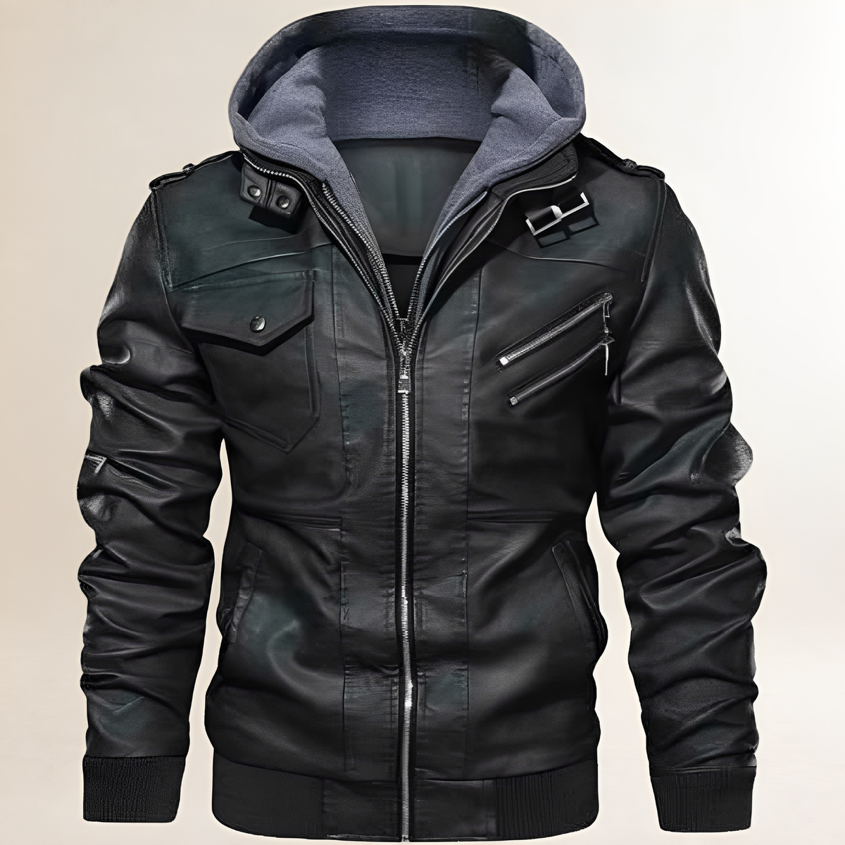 Men's Hooded Zip-Front Jacket with Quilted Shoulder Panels, Epaulettes & Ribbed Hem