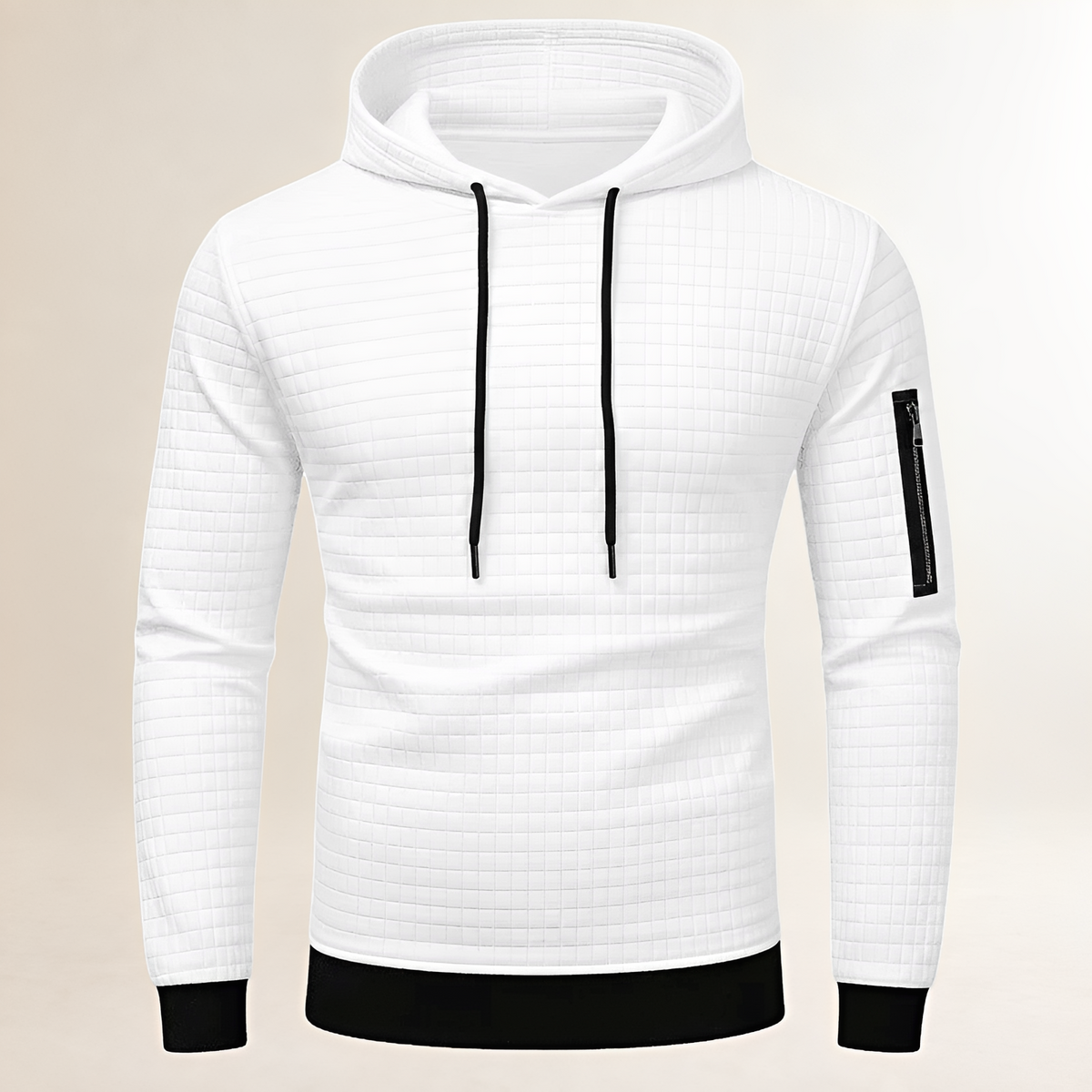Men's Hoodie Slim-Fit Square-Quilted Pullover with Drawstring Hood, Sleeve Zip Pocket & Kangaroo Pocket