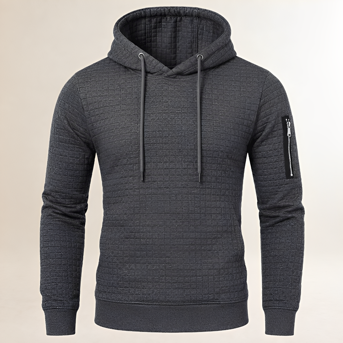 Men's Hoodie Slim-Fit Square-Quilted Pullover with Drawstring Hood, Sleeve Zip Pocket & Kangaroo Pocket