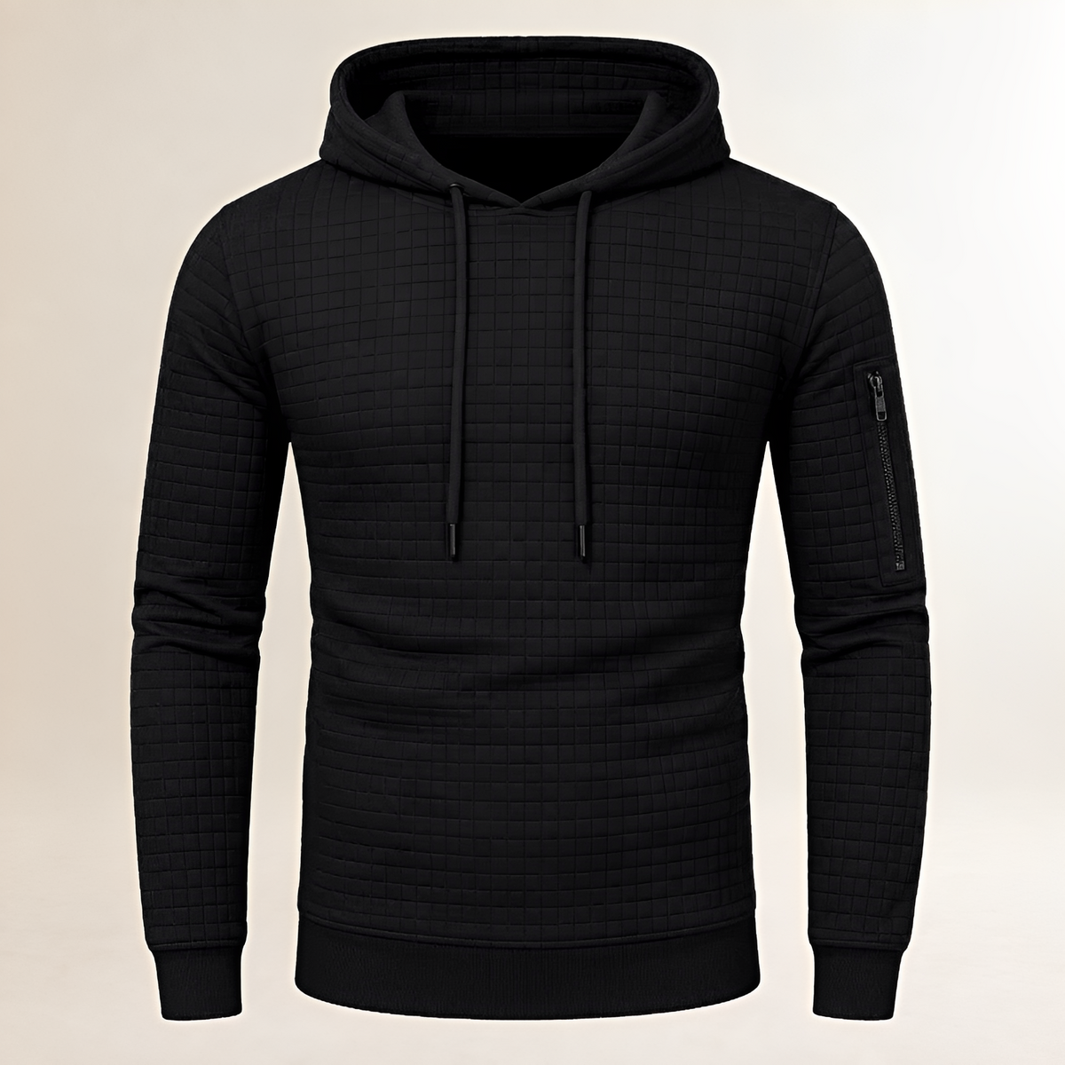 Men's Hoodie Slim-Fit Square-Quilted Pullover with Drawstring Hood, Sleeve Zip Pocket & Kangaroo Pocket