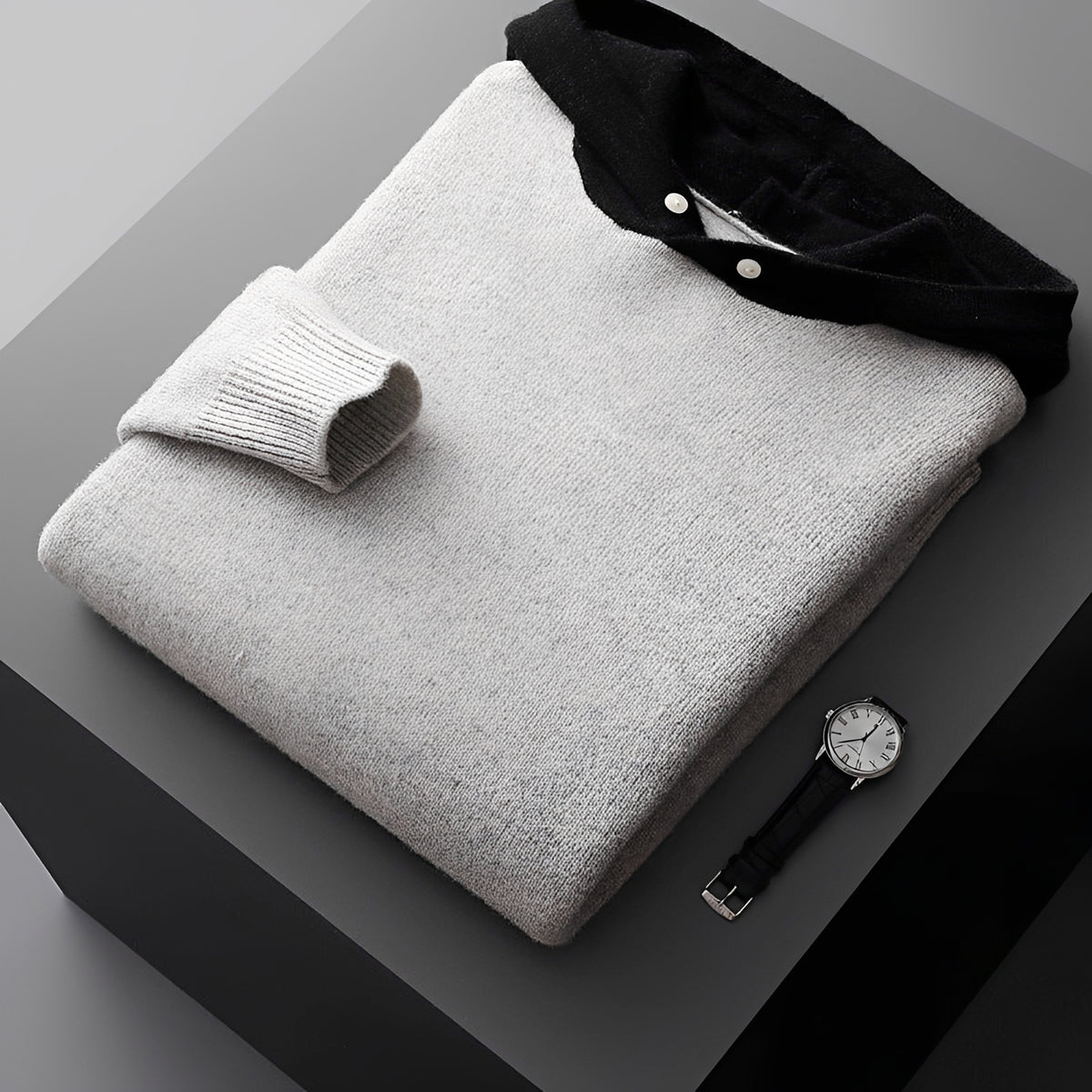 Men's Hoodie Sweater with Button Closure and Contrast Collar - Regular Fit