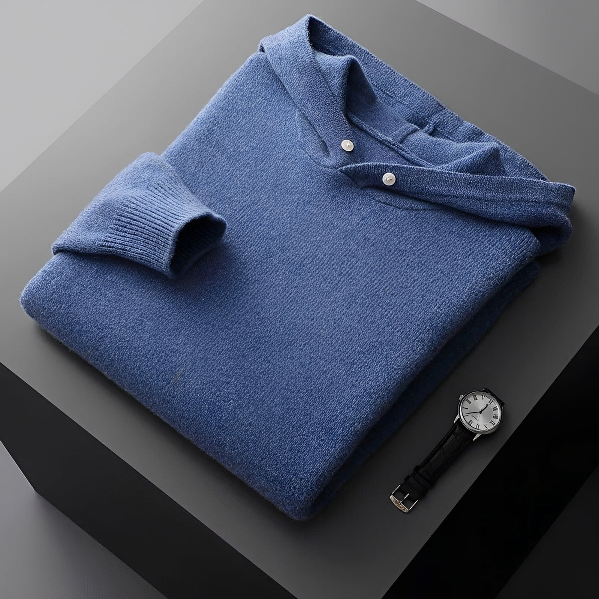 Men's Hoodie Sweater with Button Closure and Contrast Collar - Regular Fit