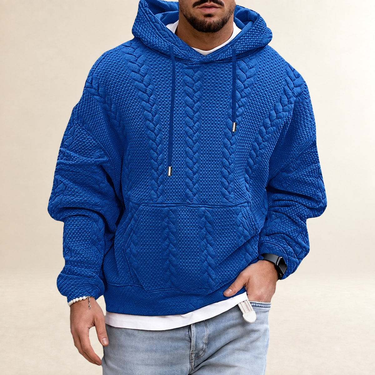 Men's Hoodie - Textured Design with Kangaroo Pocket, Loose Fit