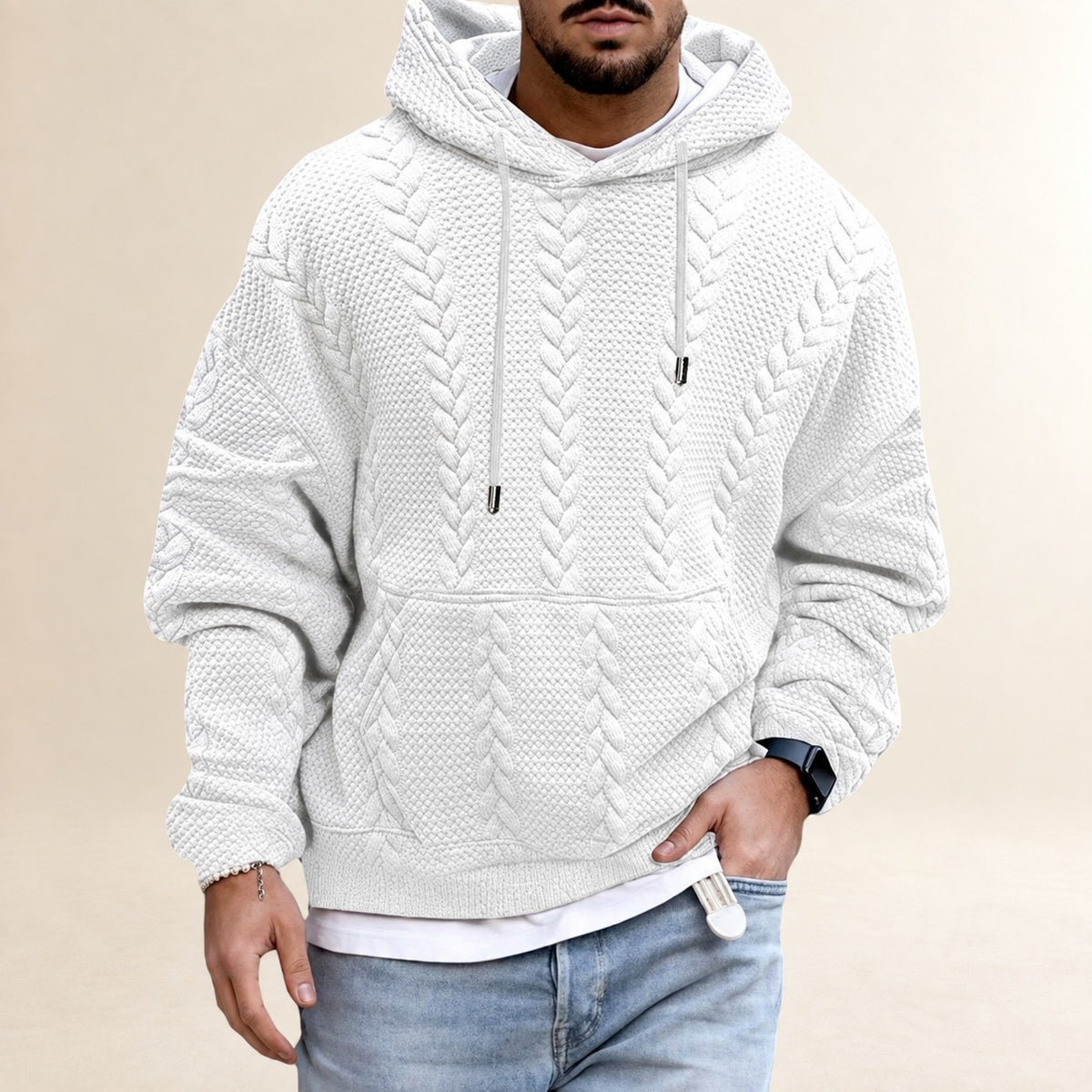 Men's Hoodie - Textured Design with Kangaroo Pocket, Loose Fit