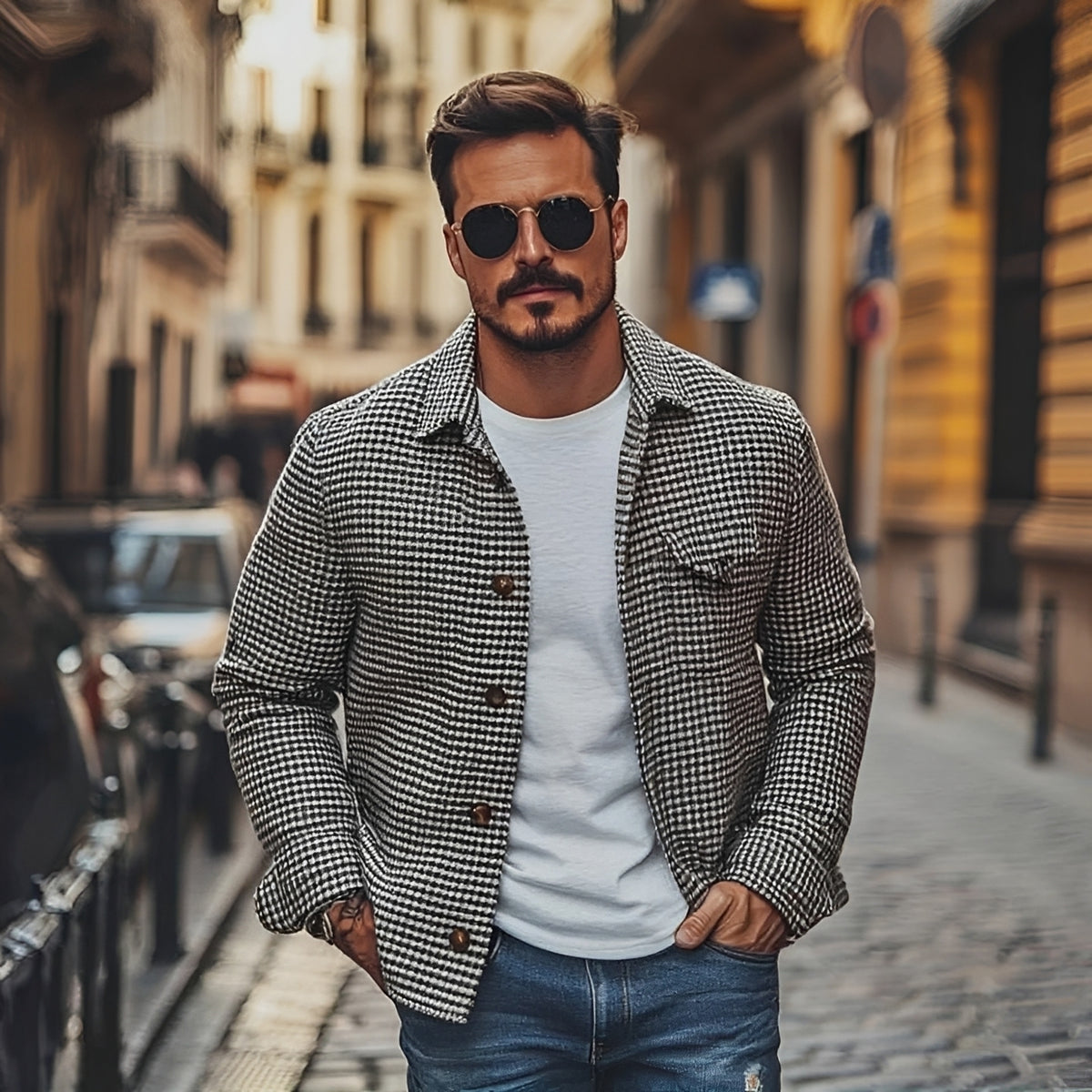 Men's Houndstooth Shirt Jacket with Button Closure - Relaxed Fit