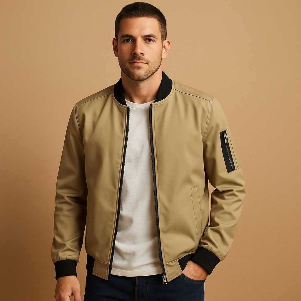 Men's Jacket Bomber Style - Zip Closure, Ribbed Cuffs, Inside Pocket
