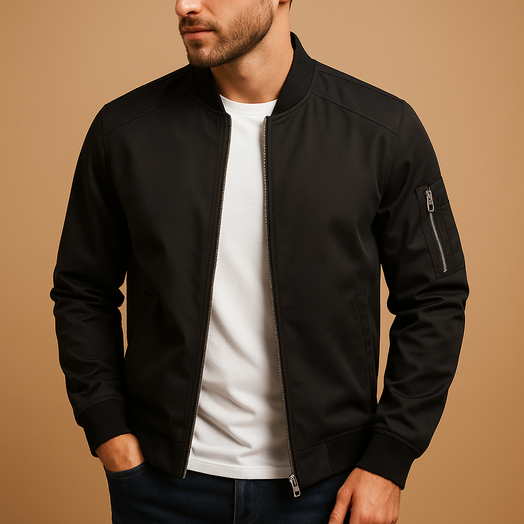 Men's Jacket Bomber Style - Zip Closure, Ribbed Cuffs, Inside Pocket