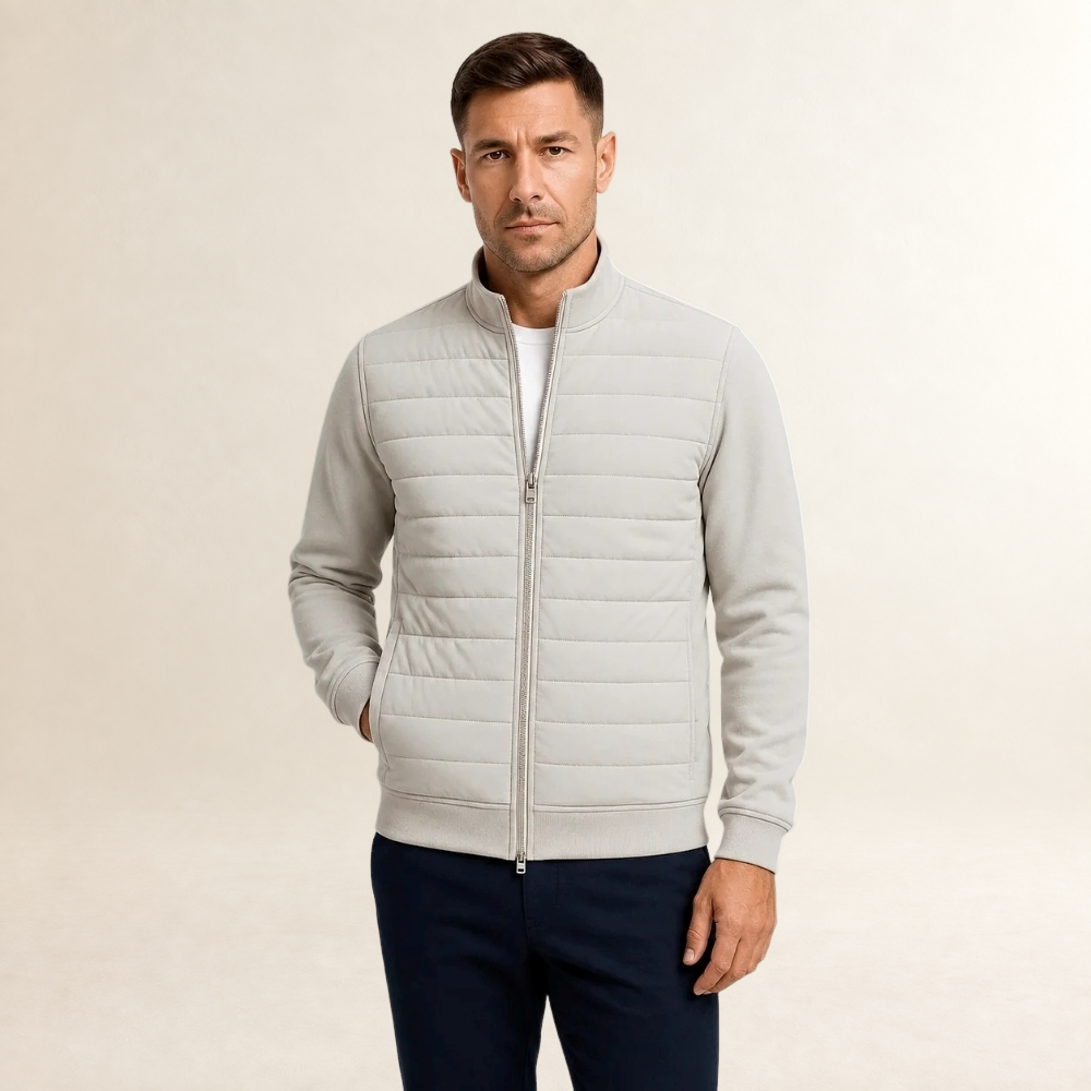 Men's Jacket Quilted Front with Smooth Sleeves - Stand Collar, Full-Zip