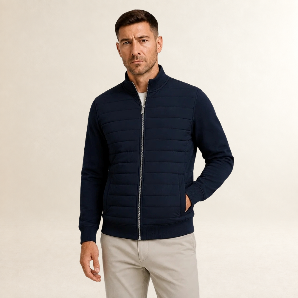 Men's Jacket Quilted Front with Smooth Sleeves - Stand Collar, Full-Zip