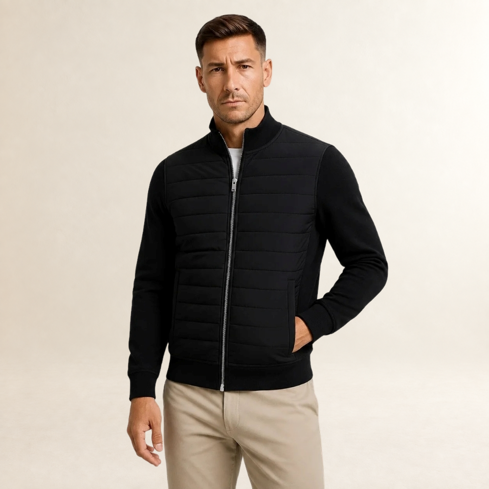 Men's Jacket Quilted Front with Smooth Sleeves - Stand Collar, Full-Zip
