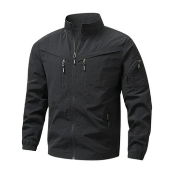 Men's Jacket Structured Lightweight Full-Zip Stand Collar, Vertical Zip Chest Pockets, Sleeve Utility Pocket, Regular Fit