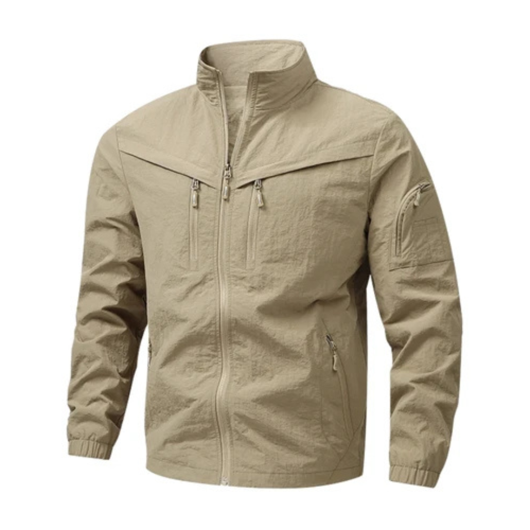 Men's Jacket Structured Lightweight Full-Zip Stand Collar, Vertical Zip Chest Pockets, Sleeve Utility Pocket, Regular Fit