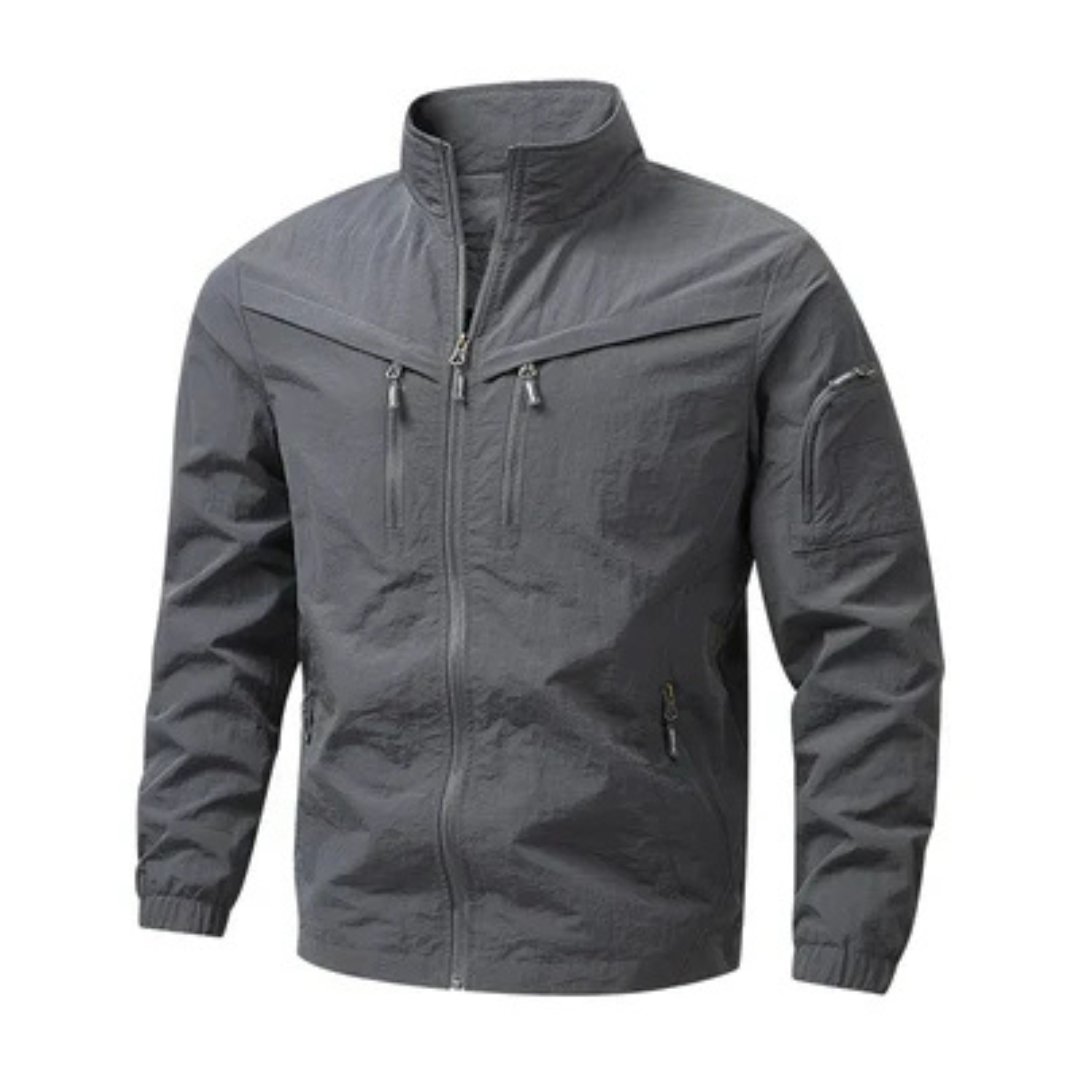 Men's Jacket Structured Lightweight Full-Zip Stand Collar, Vertical Zip Chest Pockets, Sleeve Utility Pocket, Regular Fit