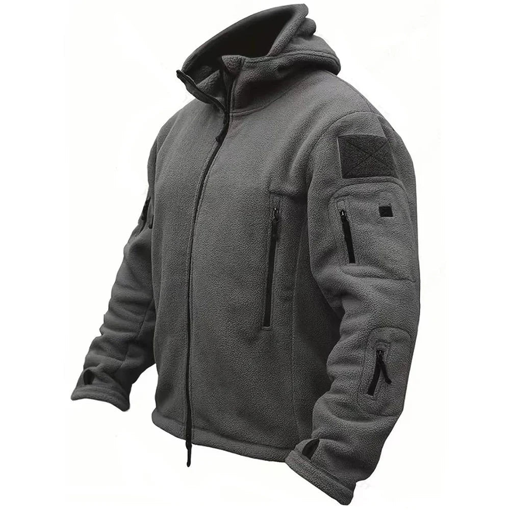 Men's Jacket Tactical Hooded Full-Zip with Multiple Zippered Utility Pockets, Arm Patch, Thumbhole Cuffs, Regular Fit