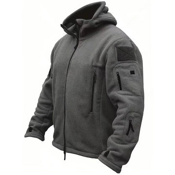 Men's Jacket Tactical Hooded Full-Zip with Multiple Zippered Utility Pockets, Arm Patch, Thumbhole Cuffs, Regular Fit