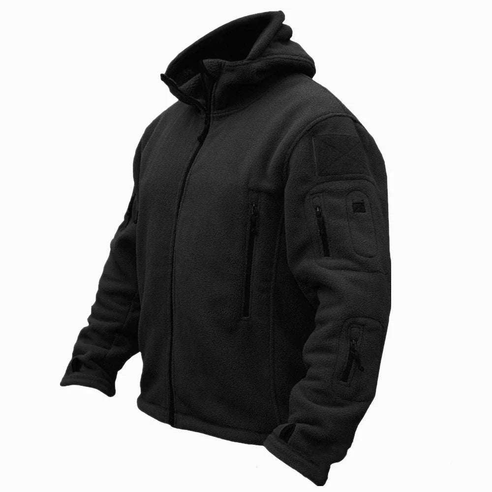 Men's Jacket Tactical Hooded Full-Zip with Multiple Zippered Utility Pockets, Arm Patch, Thumbhole Cuffs, Regular Fit
