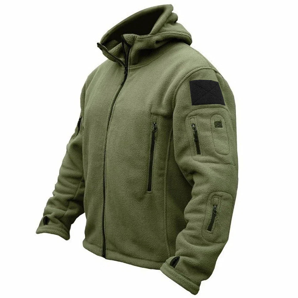 Men's Jacket Tactical Hooded Full-Zip with Multiple Zippered Utility Pockets, Arm Patch, Thumbhole Cuffs, Regular Fit