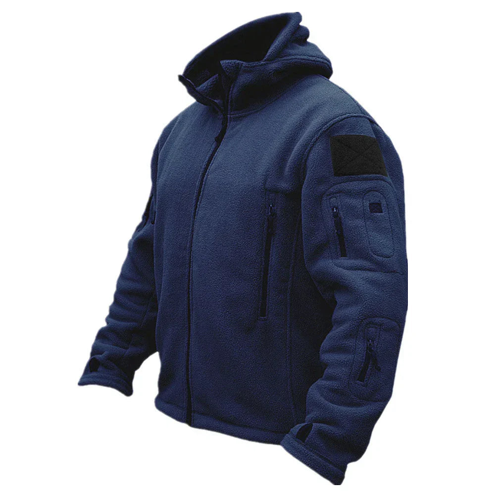 Men's Jacket Tactical Hooded Full-Zip with Multiple Zippered Utility Pockets, Arm Patch, Thumbhole Cuffs, Regular Fit