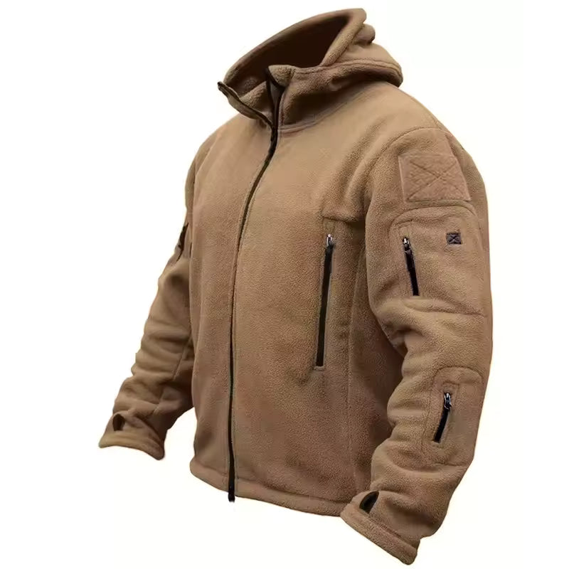 Men's Jacket Tactical Hooded Full-Zip with Multiple Zippered Utility Pockets, Arm Patch, Thumbhole Cuffs, Regular Fit