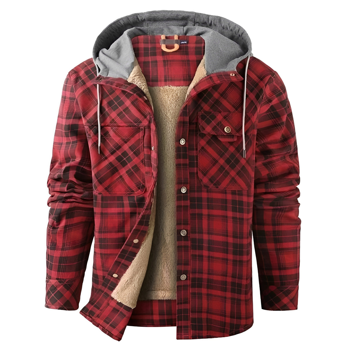 Men's Jacket with Hood and Button Closure - Plaid Design, Regular Fit