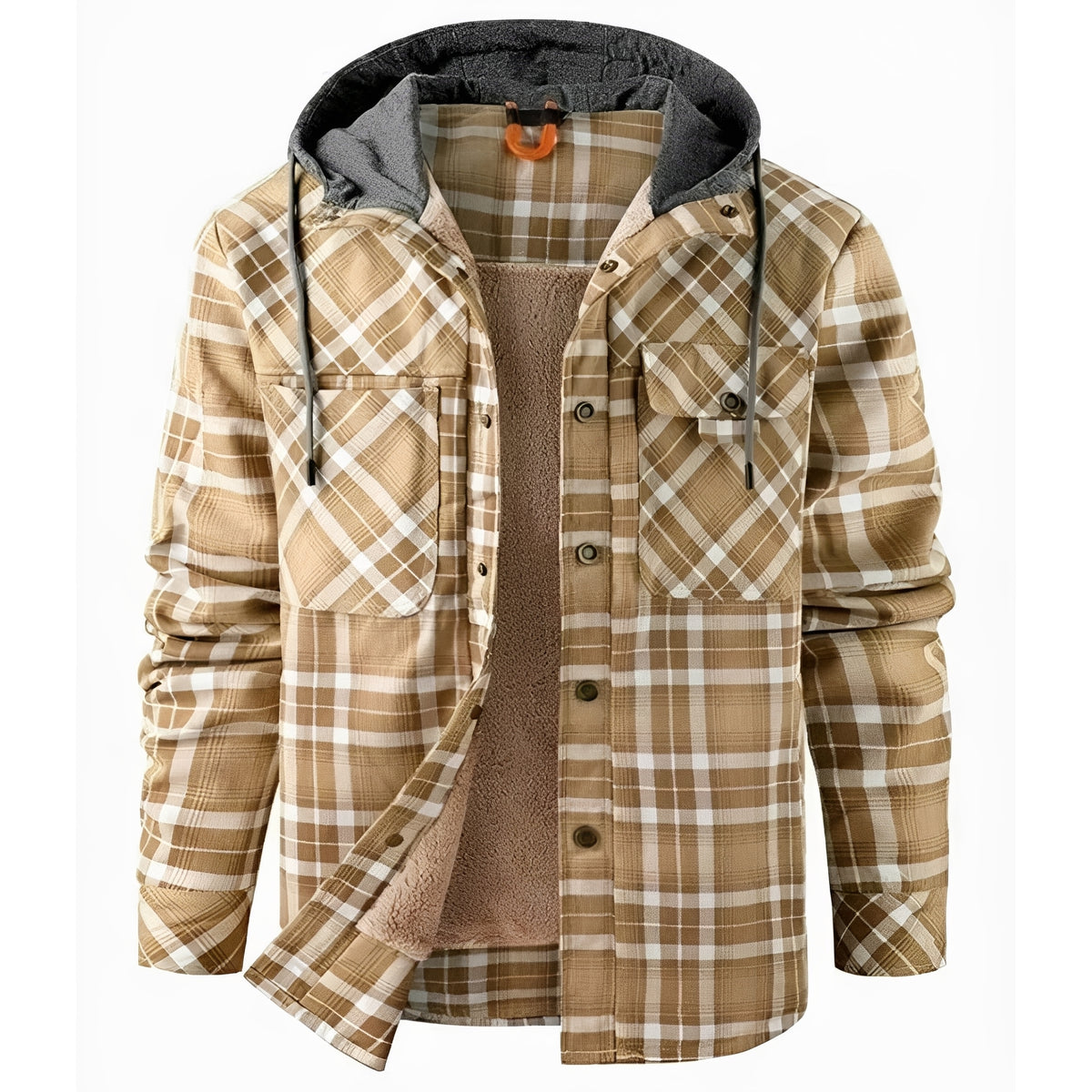 Men's Jacket with Hood and Button Closure - Plaid Design, Regular Fit