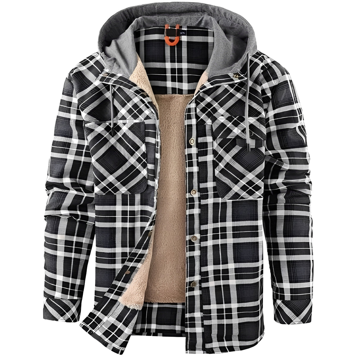 Men's Jacket with Hood and Button Closure - Plaid Design, Regular Fit