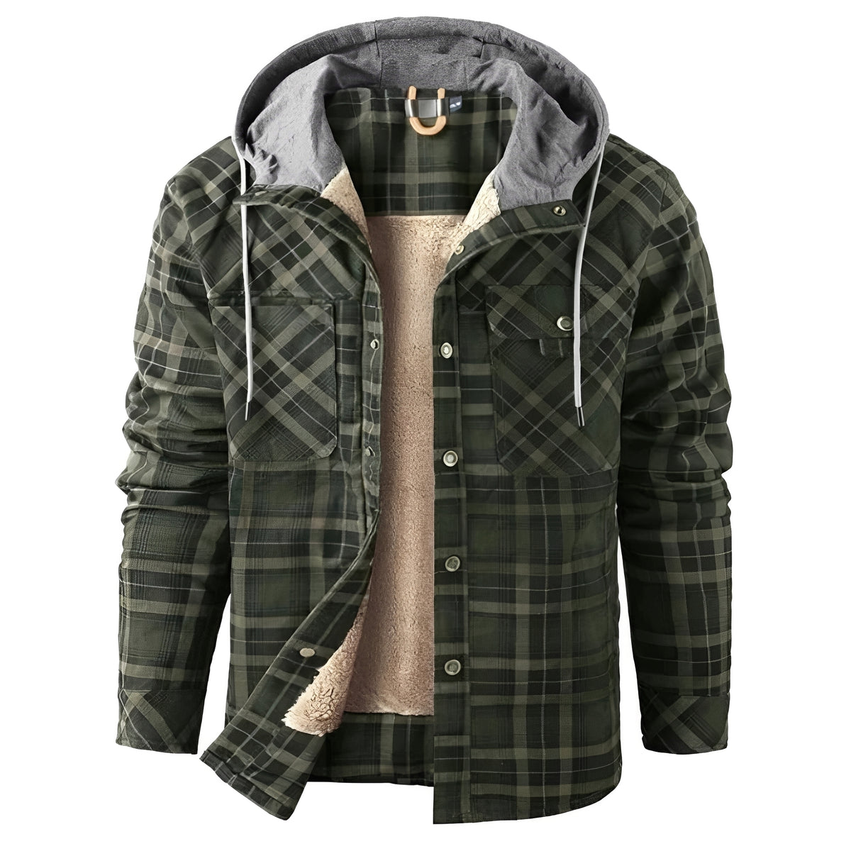 Men's Jacket with Hood and Button Closure - Plaid Design, Regular Fit