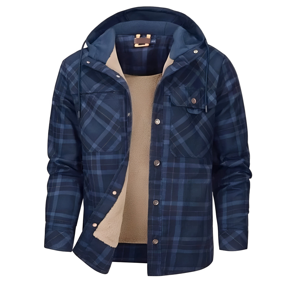 Men's Jacket with Hood and Button Closure - Plaid Design, Regular Fit