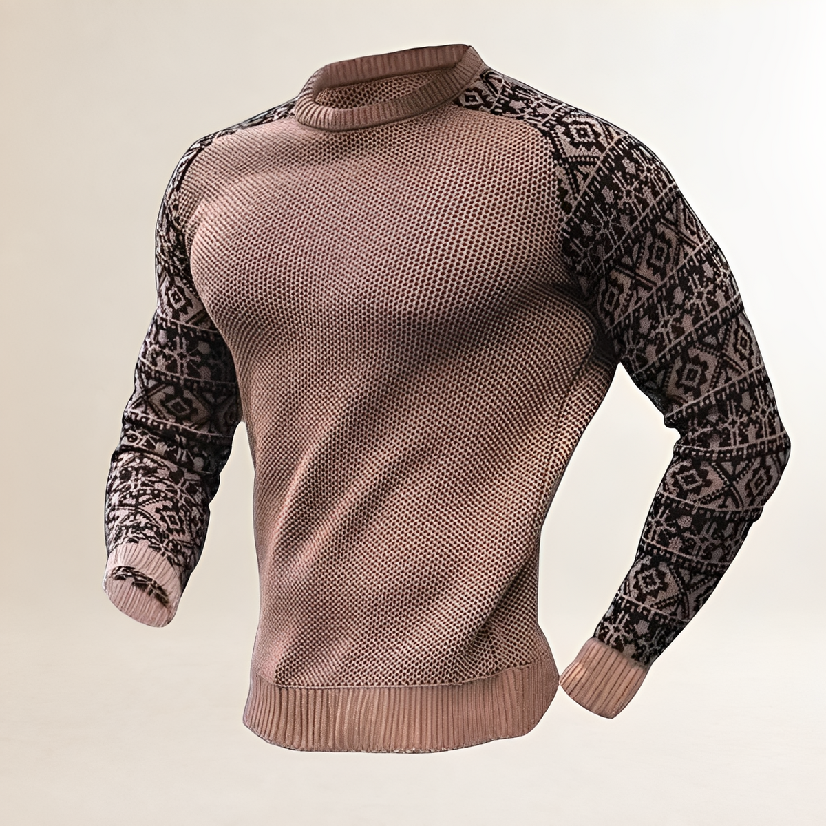 Men's Jumper with Contrasting Fair Isle Raglan Sleeves, Crew Neck, Regular Fit