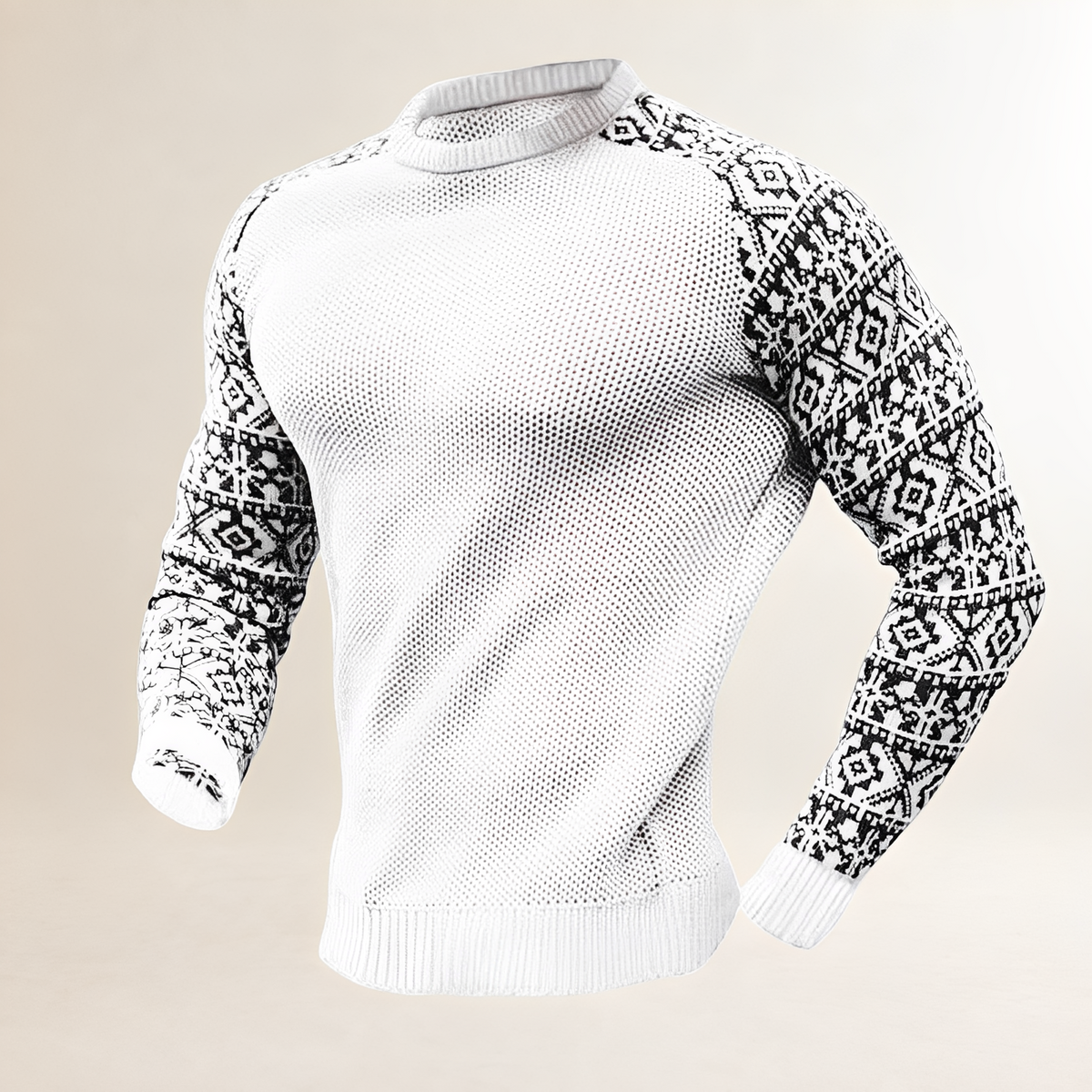 Men's Jumper with Contrasting Fair Isle Raglan Sleeves, Crew Neck, Regular Fit