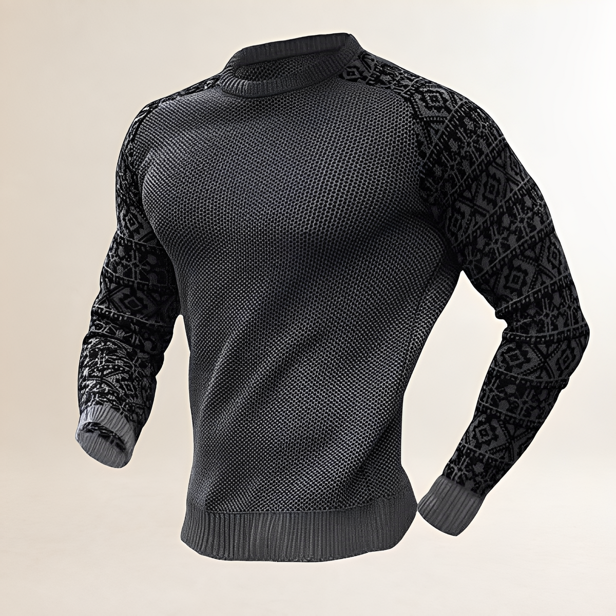 Men's Jumper with Contrasting Fair Isle Raglan Sleeves, Crew Neck, Regular Fit