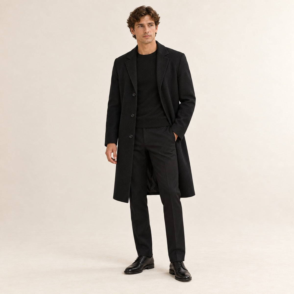Men's Long Overcoat - Classic Design with Notched Lapel and Button Closure