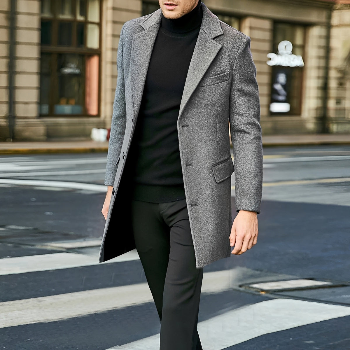 Men's Long Overcoat - Single-Breasted, Notched Lapel, Flap Pockets