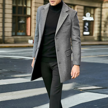 Men's Long Overcoat - Single-Breasted, Notched Lapel, Flap Pockets