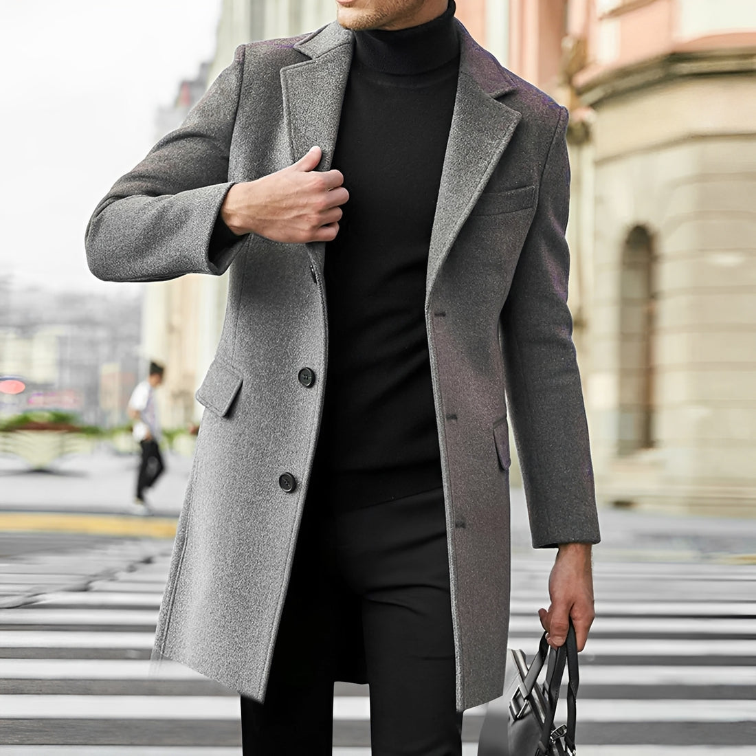 Men's Long Overcoat - Single-Breasted, Notched Lapel, Flap Pockets