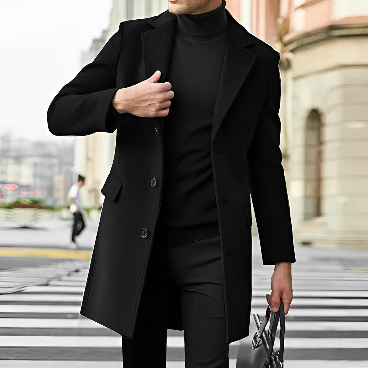 Men's Long Overcoat - Single-Breasted, Notched Lapel, Flap Pockets
