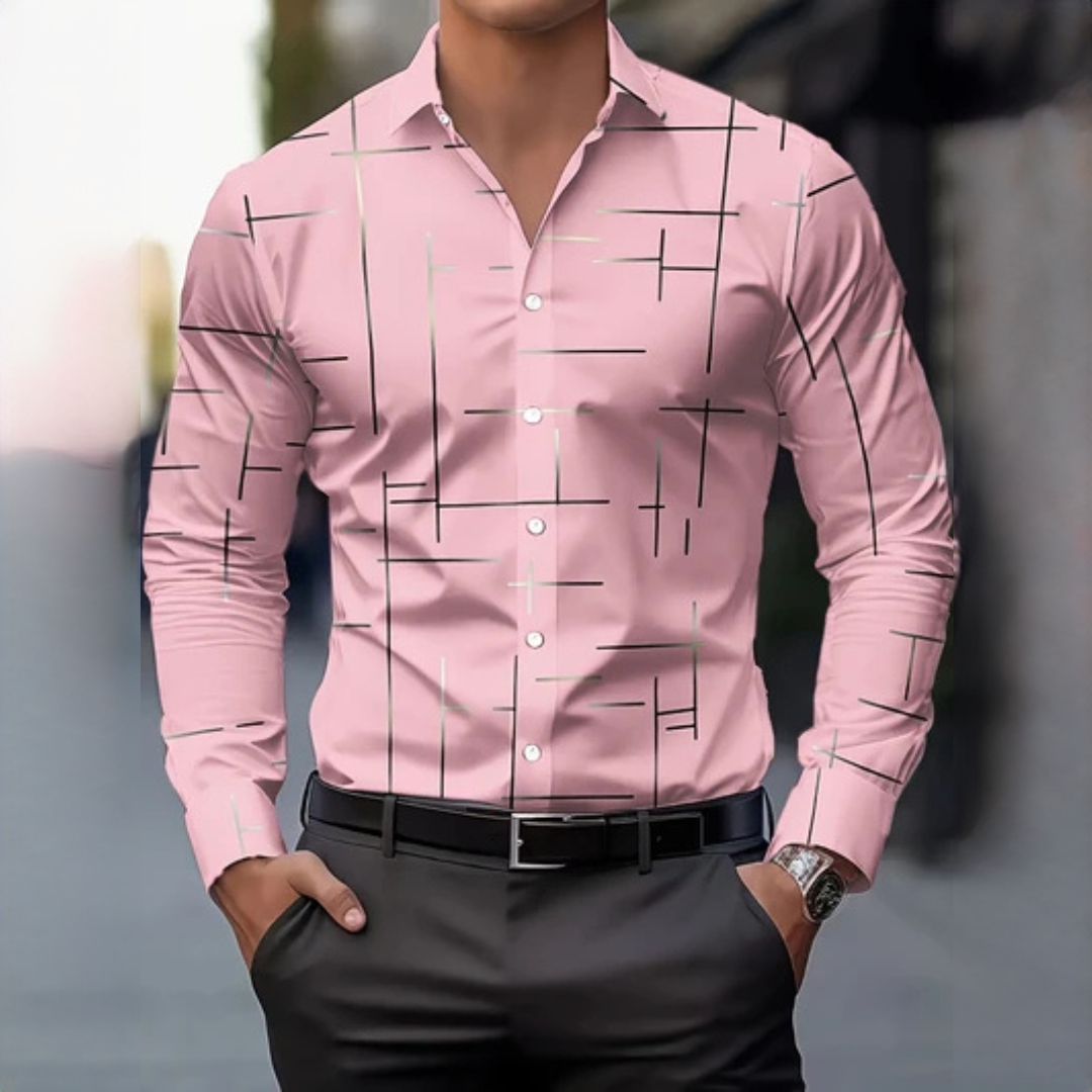 Men's Long-Sleeve Button-Up Shirt, Geometric Cross-Line Print, Spread Collar, Regular Fit