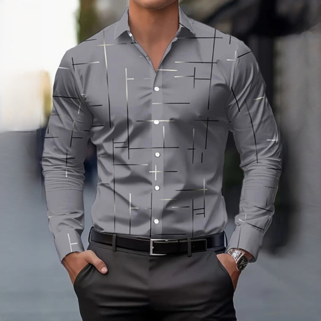 Men's Long-Sleeve Button-Up Shirt, Geometric Cross-Line Print, Spread Collar, Regular Fit
