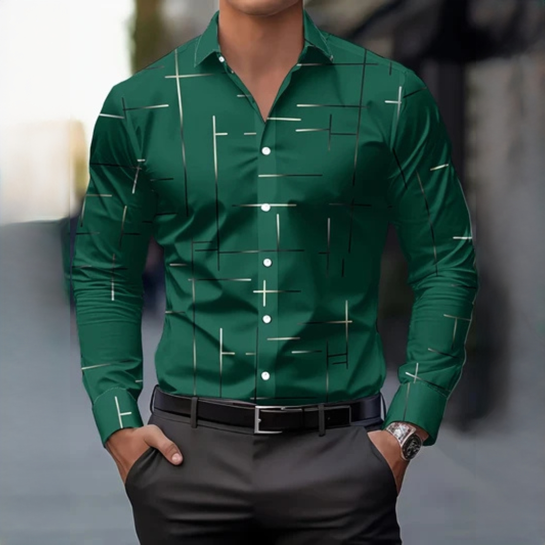 Men's Long-Sleeve Button-Up Shirt, Geometric Cross-Line Print, Spread Collar, Regular Fit