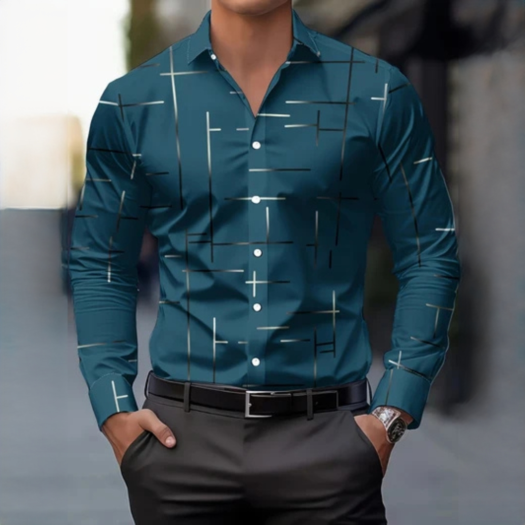 Men's Long-Sleeve Button-Up Shirt, Geometric Cross-Line Print, Spread Collar, Regular Fit