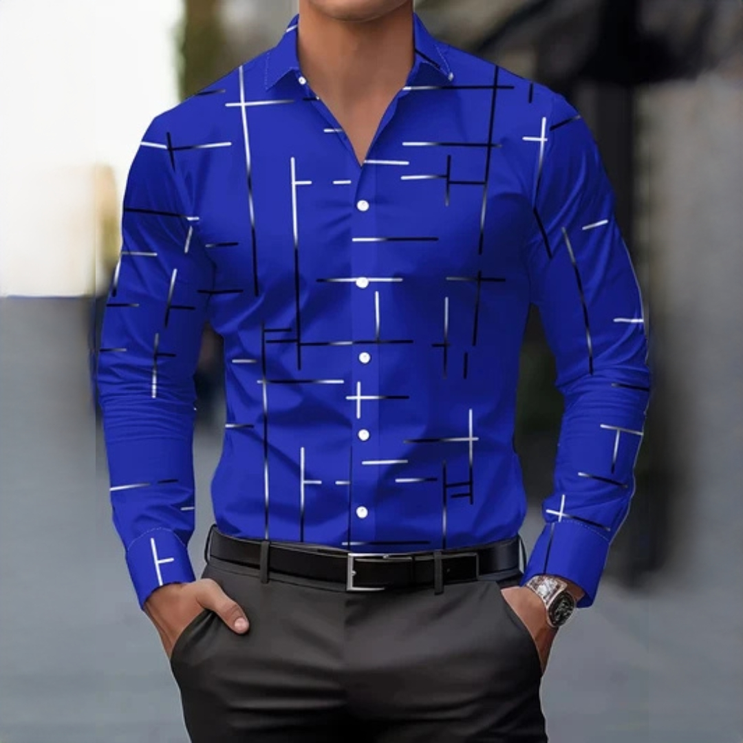 Men's Long-Sleeve Button-Up Shirt, Geometric Cross-Line Print, Spread Collar, Regular Fit
