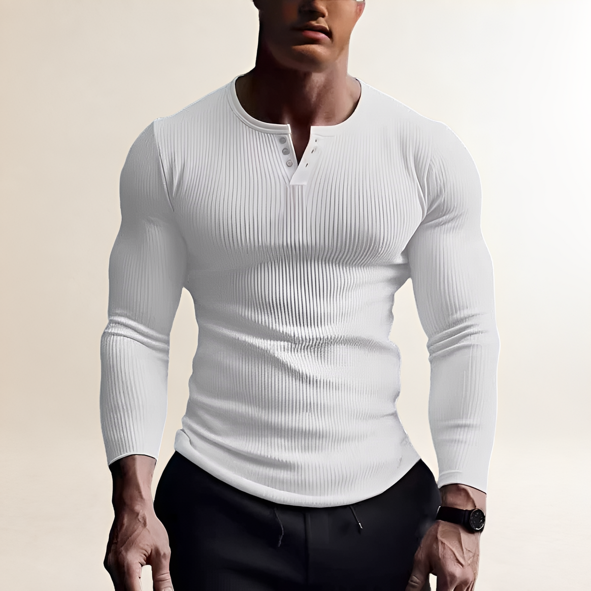 Men's Long Sleeve Henley Shirt - Ribbed Design, Slim Fit