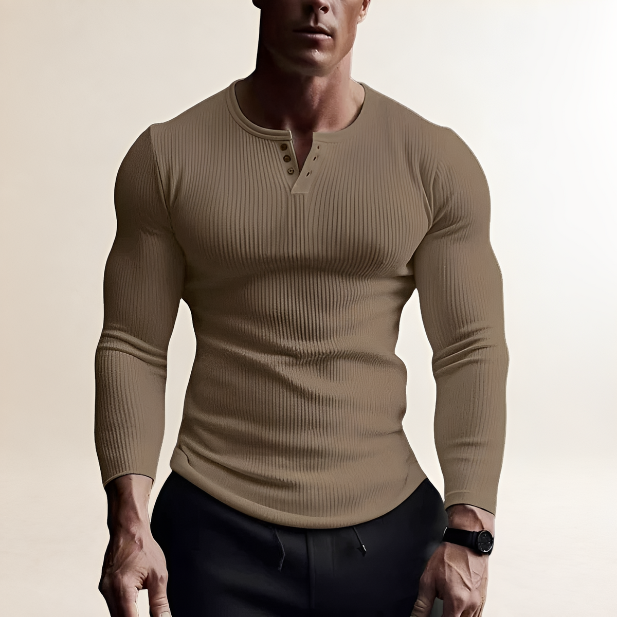 Men's Long Sleeve Henley Shirt - Ribbed Design, Slim Fit